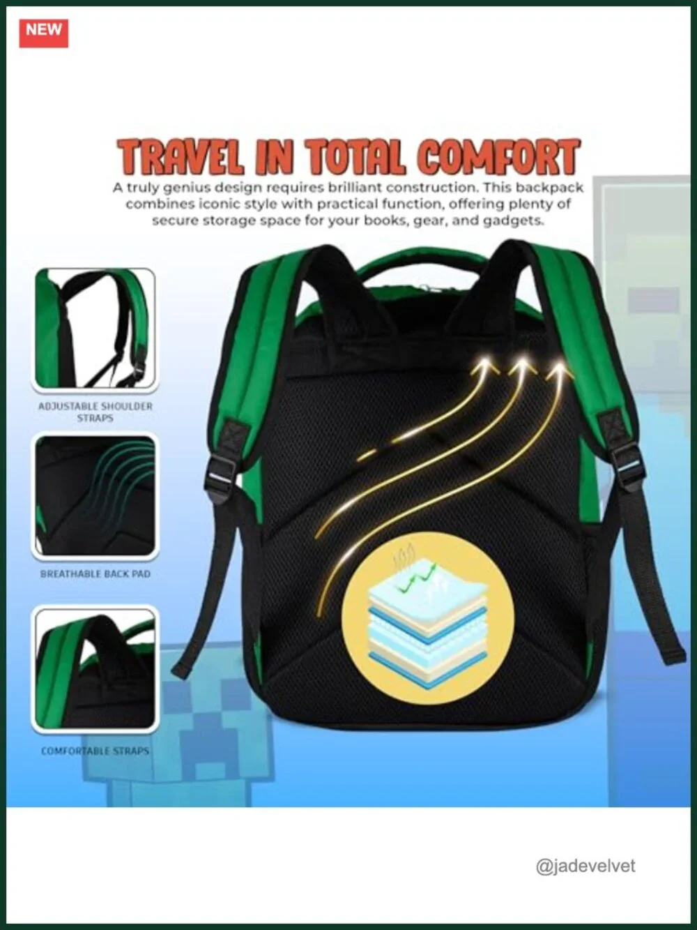Minecraft Creeper Backpack for Kids, Polyester School Bag with Laptop Pocket,